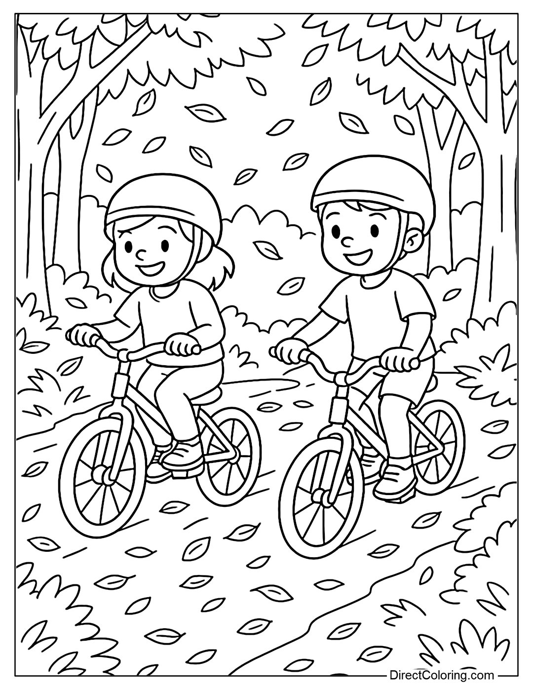 Coloring page of two little friends cycling through the forest, leaves falling on the trail.
